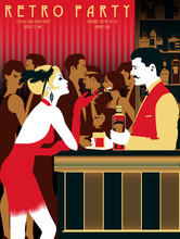 Flapper Girl At The Bar In A Restaurant In The Style Of The Early 20th Century. Retro Party Invitation Card. Handmade Drawing Vector Illustration. Art Deco Style.