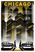 Once Upon A Time In Night In Chicago.. Handmade Drawing Vector Illustration. Retro Poster. Art Deco Style.