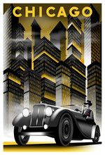 Once Upon A Time In Night In Chicago.. Handmade Drawing Vector Illustration. Retro Poster. Art Deco Style.
