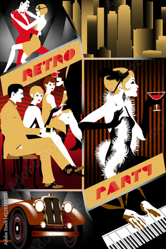 Plakaty do domu - mieszkania retro-party-invitation-card-vector-set-of-6-various-parts-flapper-girl-new-york-cityscape-pianoman-dancing-couple-retro-car-party-handmade-drawing-vector-illustration-art-deco-style
