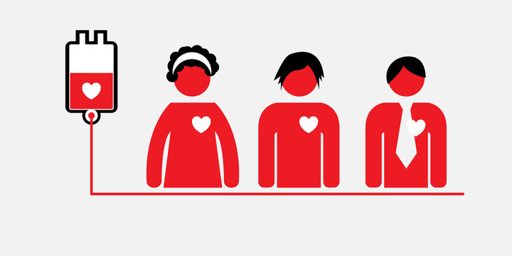 blood donation concept: blood bag with heart and different people