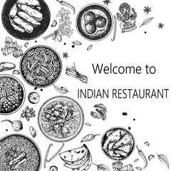 Wall Mural - Hand drawn sketch style Indian food. Vector illustration.