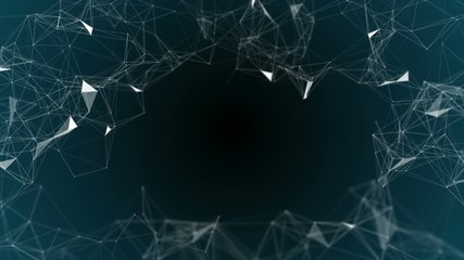 Poster - Elements are drawn to the center. Depth of field. Deep blue background. Technological abstract background. Place for text. Seamless loop.