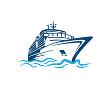 Vector Blue Traveling With Cruise Ship And Wave In The Ocean Sea Sign Symbol Icon Logo Template Design Inspiration