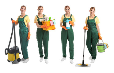 Poster - Set with janitor and cleaning equipment on white background