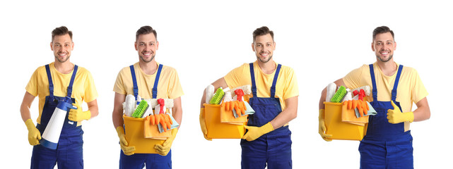 Poster - Set with janitor and cleaning supplies on white background