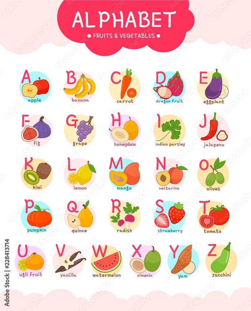 Cute english illustrated fruits and vegetables alphabet. English ...