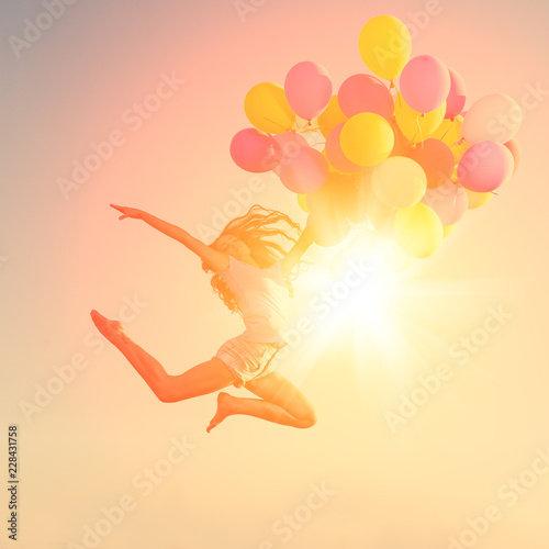 Girls With Balloons At Sunset Stylish Young Women Models Against