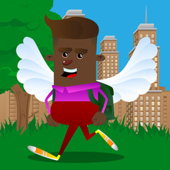 Wall Mural - Schoolboy as an angel, with big white wings. Vector cartoon character illustration.