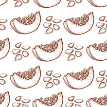 Pumpkin Vector Seamless Pattern. Hand Drawn Objects With Sliced Piece Of Pumpkin And Seeds. Vegetable Doodle Style Illustration. Detailed Vegetarian Food Sketch Background. Farm Market Product.