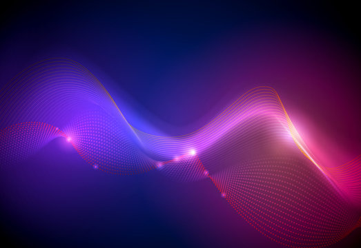 Illustration Abstract glowing, neon light effect, wave line, wavy pattern. Vector design communication techno on blue background. Futuristic digital technology for web or banner background