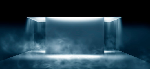 Wall Mural - background of empty dark room with concrete floor. empty walls, neon light, smoke.