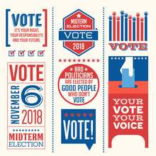 Patriotic Design Elements And Motivational Messages To Encourage Voting In United States 2018 Election. For Web Banners, Cards, Posters, Stickers