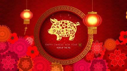 Fototapete - Chinese New Year also known as the Spring Festival. Year of the Pig 2019. Digital particles loop background with Chinese ornament, cherry blossom and Chinese calligraphy means good health, good luck, 