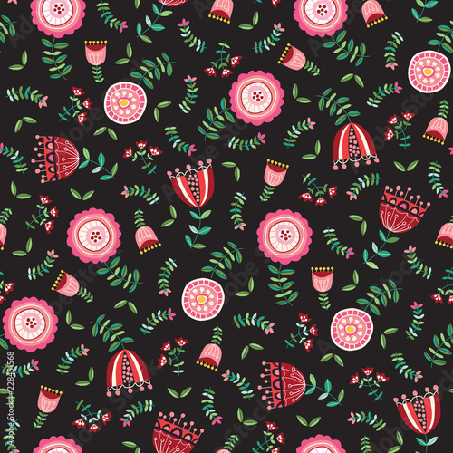 Cotton fabric Folk Bright Flowers on Dark Grey Background Vector Seamless Pattern. Bold Florals. Hand-drawn doodle monochrome flora.