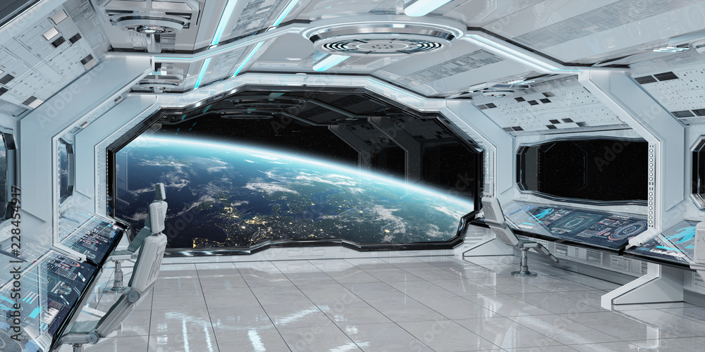 White Clean Spaceship Interior With View On Planet Earth 3d