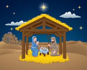 A Christmas nativity scene cartoon, with baby Jesus, Mary and Joseph in the manger. The City of Bethlehem and star above. Christian religious illustration.