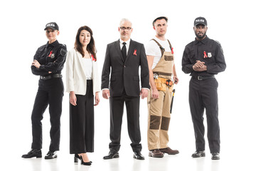 Wall Mural - group of successful people with various professions and aids awareness red ribbons isolated on white