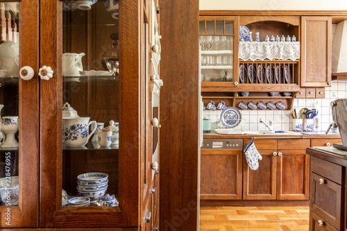 Old Fashioned Wooden Cabinets With White And Cobalt Blue China In Kitchen Interior Buy This Stock Photo And Explore Similar Images At Adobe Stock Adobe Stock