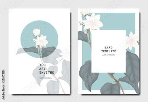 Botanical invitation card template design, white jasmine flowers with leaves on Poster Mural XXL