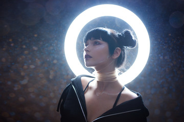 concept of artificial life. beautiful young woman, futuristic style.