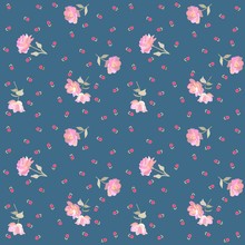 Endless Ditsy Floral Pattern With Gentle Pink Roses And Red Tiny Tulips Isolated On Blue Background In Vector. Fashionable Print For Fabric.