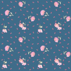 Wall Mural - Endless ditsy floral pattern with gentle pink roses and red tiny tulips isolated on blue background in vector. Fashionable print for fabric.