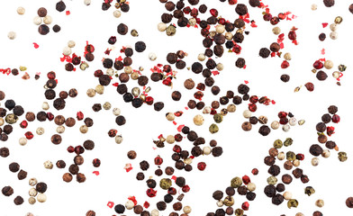 Wall Mural - Different peppers isolated on white background (black, red, green and white peppercorns)