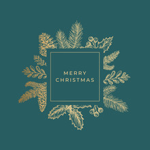 Merry Christmas Abstract Greeting Card With Square Frame Banner And Modern Typography. Golden Glitter Emblem With Sketch Drawings Layout. Premium Green Background