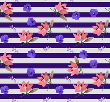 Seamless Striped Floral Pattern With Little Bell Flowers, Large Pink Lilies And Blue Violets In Vector. Print For Fabric.