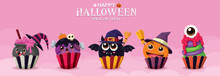 Vintage Halloween Poster Design With Vector Witch Cupcake & Ghost Character. 