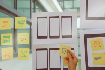 user experience ux designer designing web on mobile phone tablet layout. ui planning mobile applicat