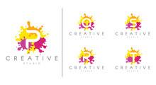 Letter Logo Set.  Letter Design For Company Name - P, Q, R, S, T.  Set Of Letter At Colorful Paint Splash Background.