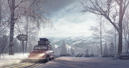 Winter travel holiday background 3D Rendering