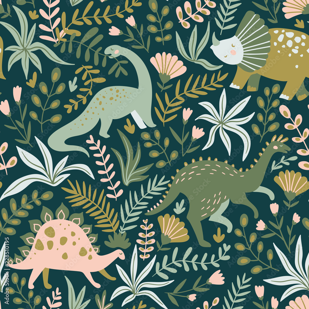 Hand drawn seamless pattern with dinosaurs and tropical leaves and ...
