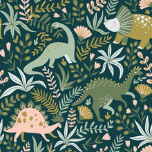 Hand Drawn Seamless Pattern With Dinosaurs And Tropical Leaves And Flowers. Perfect For Kids Fabric, Textile, Nursery Wallpaper. Cute Dino Design. Vector Illustration.