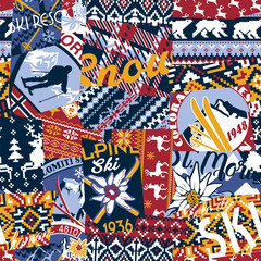 Wall Mural - Alpine ski badges with nordic jacquard knitted patchwork wallpaper vector  seamless pattern