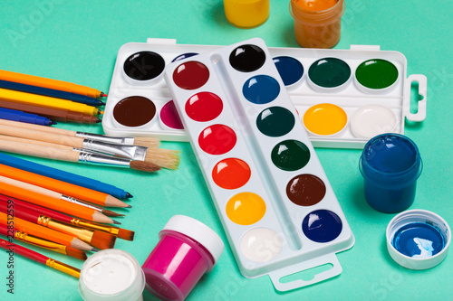 Fotografía Art Palette with Colorful Paints Close Up top View