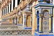 Ceramic tiles with colored ornaments on Plaza de Espana in Seville, Andalusia, Spain
