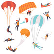 Paratroopers descending with parachutes set, skydiving, parachuting extreme sport vector Illustration on a white background