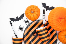 Halloween Party Background With Pumpkins, Spooky Bats, Creepy Spiders
