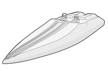 Race Sports Boat. Luxury Expensive Outlined Motorboat, Luxurious Powerboat, Deluxe Speedboat. Vector Illustration, Isolated On White Background