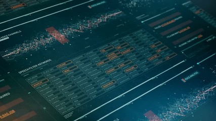 Speech scan, spook words filtered on screen, mass surveillance, man listening. Phone calls monitoring, advanced data-capturing application software