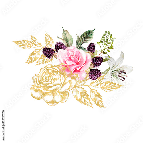 Bouquet with gold graphic and watercolor flowers. Rose, lily and berries.