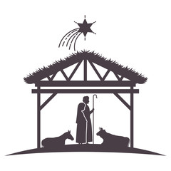 Wall Mural - virgin mary and joseph in stable with animals silhouettes