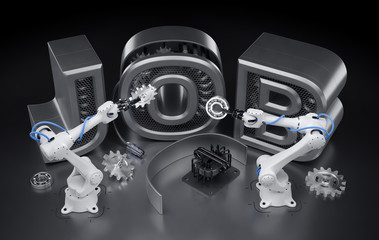 Aufkleber - Robotics Job. Industrial robotic manipulators, assemling word of JOB from mechanical parts. 3d rendering graphic composition on the theme of 