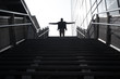 © shocky - avenir silhouette homme marche escalier avancer perspective demain travailler projet construire seul solitude aide aider marcher monter gravir effort immeuble façade moderne building dos