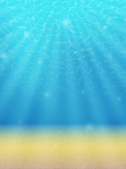 magical beautiful underwater background. Blue sea with sun rays and sand. Realistic style. Vector illustration.