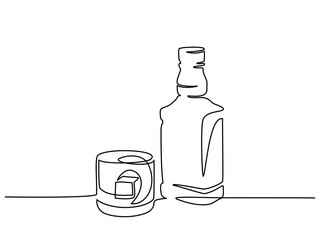 Wall Mural - continuous one line drawing. bottle and glass of whiskey with ice. vector illustration