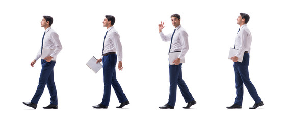 Businessman walking standing side view isolated on white backgro